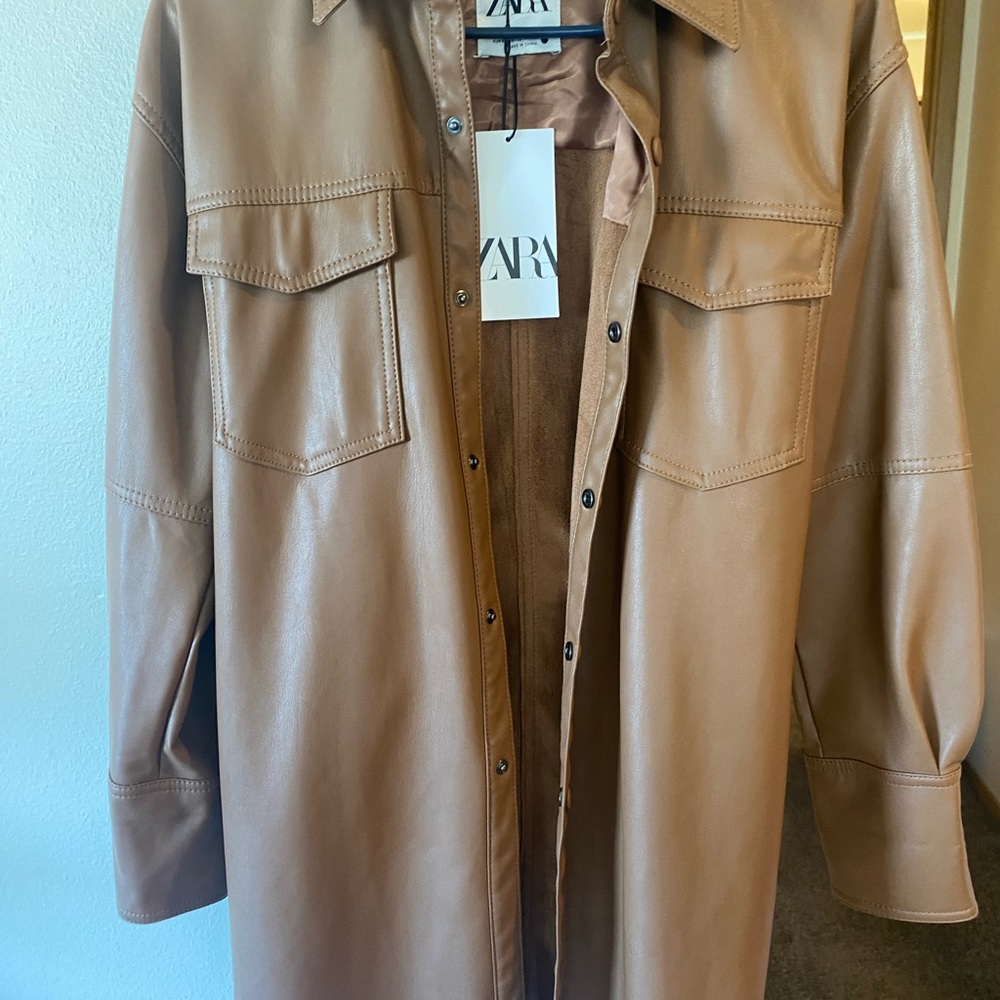 ZARA Tan Faux Leather Shirt Jacket